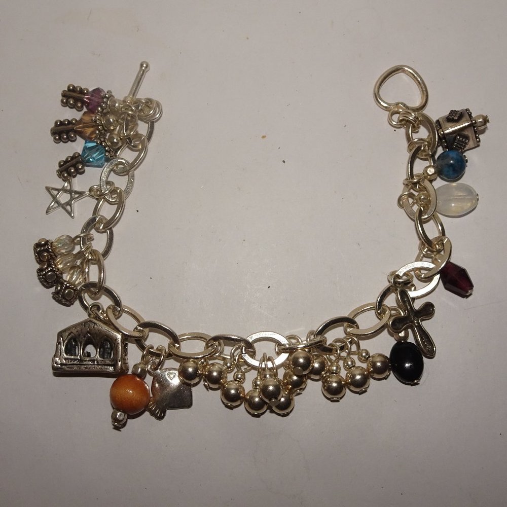 925 Sterling Silver Multi Charm Toggle Bracelet - image 5